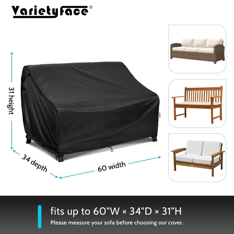 أغطية الأثاث الخارجية Varietyface مقاومة للماء، تناسب ما يصل إلى 60 بوصة عرض × 34 بوصة عمق × 31 بوصة ارتفاع، أغطية أريكة الفناء مقاومة للشمس، أغطية أثاث الحديقة، أسود - Image 2